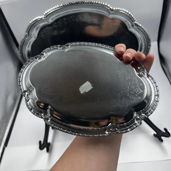 Vintage Set Three Silver Tone Trays Etched Decorative Stacking MidCentury - Picture 4 of 9